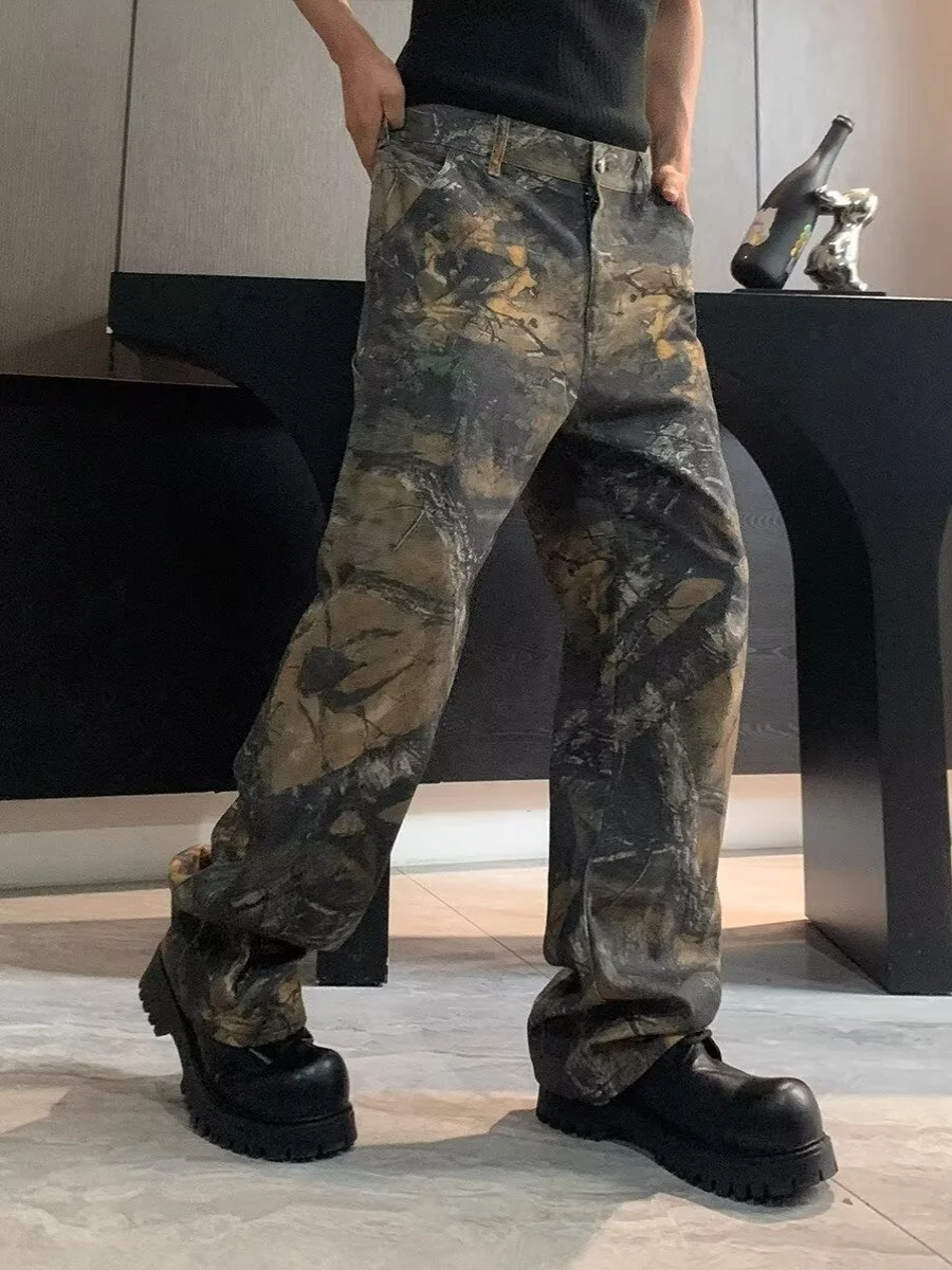 Retro American Street Sle Camouflage Loose Wide Leg Straight Workwear Pants Men Women Vintage Dirfit Youth Casual Jeans