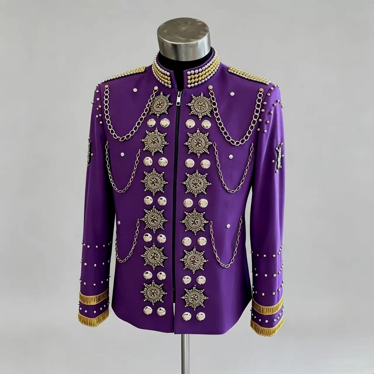 Handmade Purple Chain Metal Jacket for Men Stage Performance Nightclub Bar Male Singer Dancer Customizable Show Costume