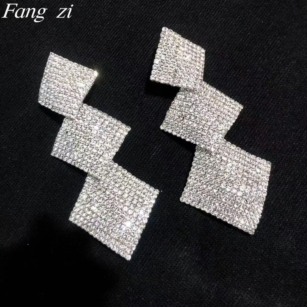 حار بيع طبقة مزدوجة الماس أقراط الماس الكامل مع مبالغ فيها هندسية مخلب سلسلة أقراط حجر الراين، هندسة المجوهرات