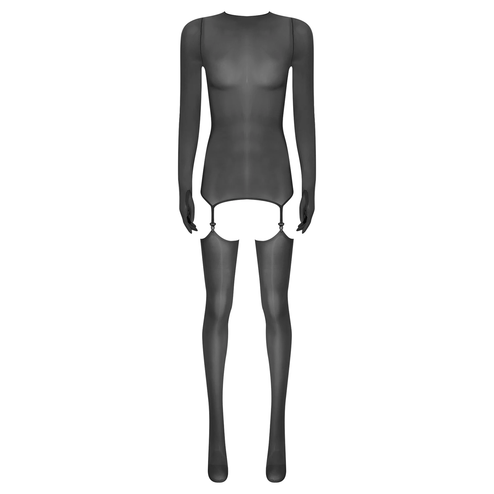 

Women See Through Dress with Suspender Stockings Lingerie Set Costume Long Sleeve Short Jumpsuit Set for Erotic Fun Nightwear