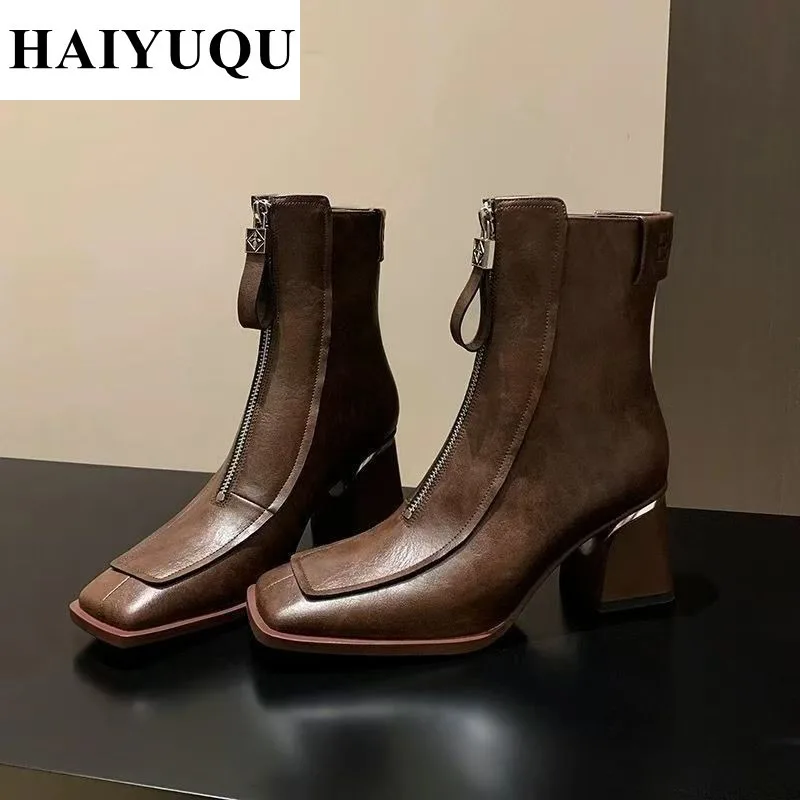 Bottes en Cuir à Talons Hauts et Fermeture Éclair pour Femme, Chaussures de Marque de Luxe de Styliste, Nouvelle Collection Hiver 2025