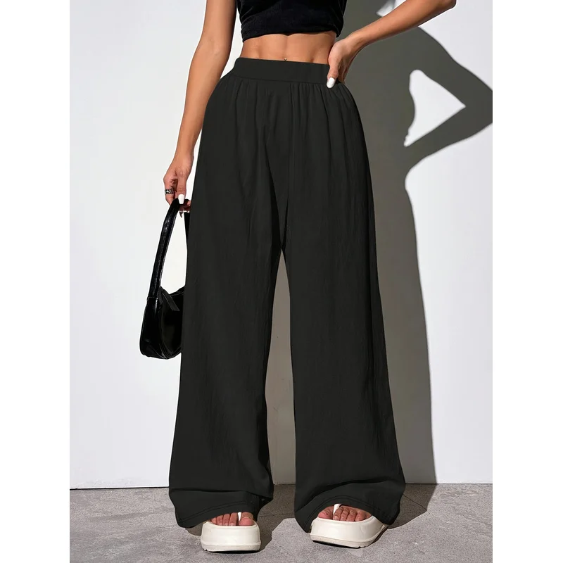   2025年 クラシックでシックなワイドレッグパンツ レディース ゴムウエスト 通気性 スリム ブラック デイリー オフィス カジュアル