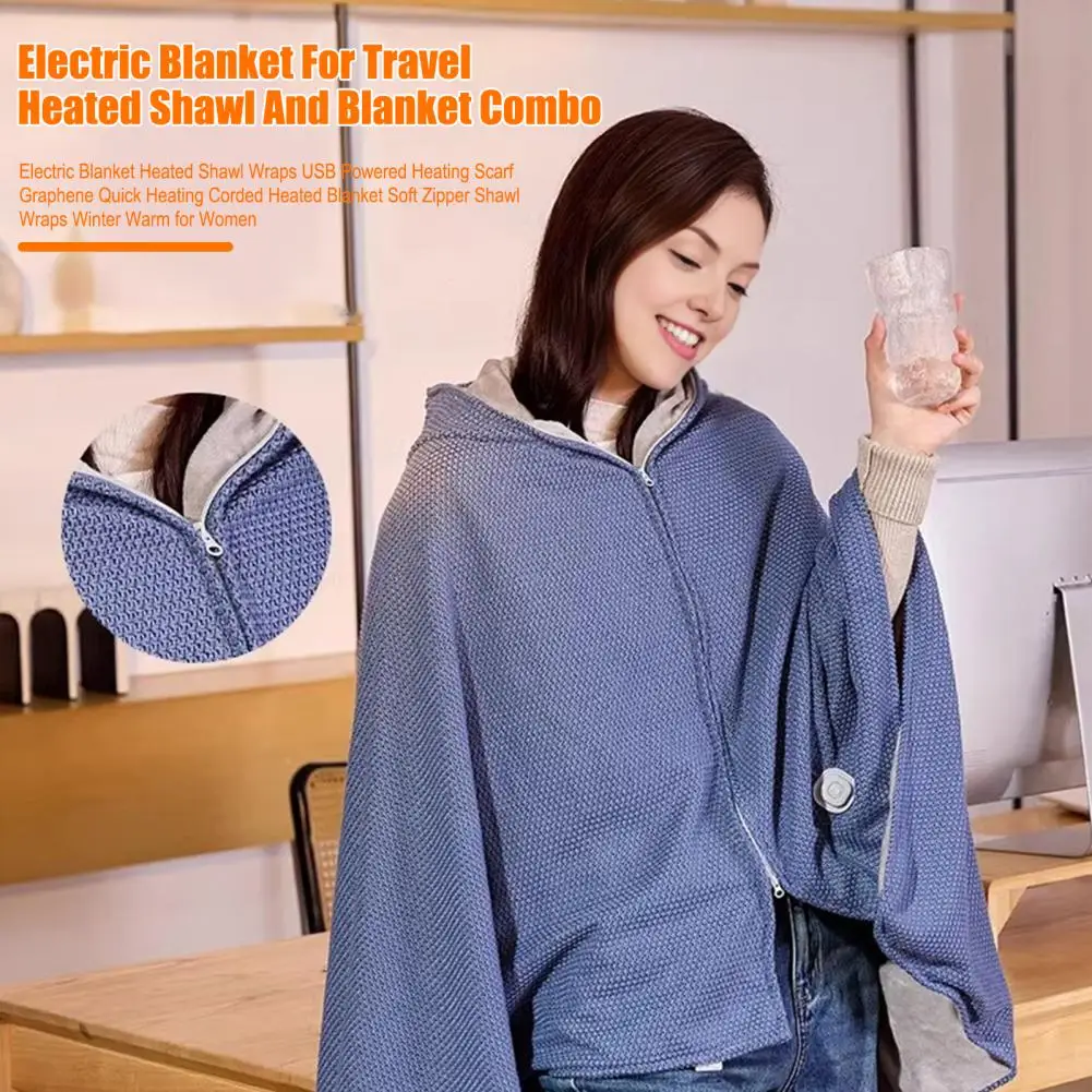 

Heated Shawl Wraps Electric Blanket USB-Powered Hooded Zipper Closure Solid Color Winter Warm Quick Heating Blanket
