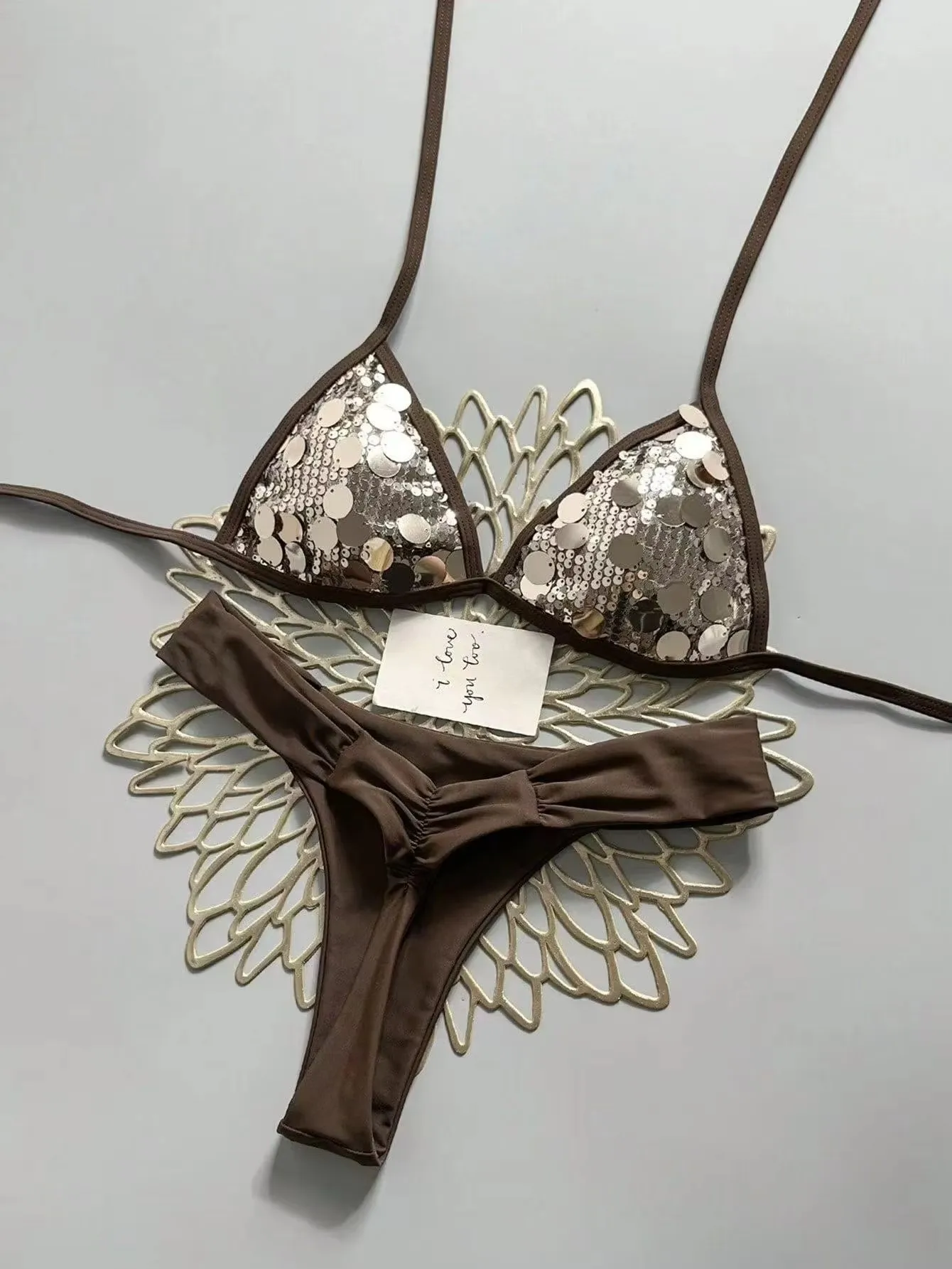 Shiny Sequin Skyblue Patchwork Bikini Set 2026 Women Halter Push Up Bra Pleate High Waist Swimsuit Bathing Suit Holiday Swimwear