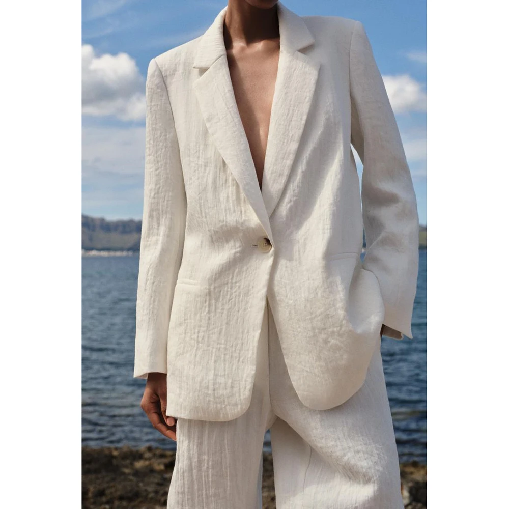 

Simple White Single-Button Women's Linen Blazer&Wide-Leg Pants 2 Piece Set Notch Lapel Office Buisness Casual Female Clothings