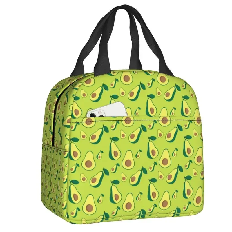 

Love Green Avocado Face Pattern Insulated Lunch Tote Bag for Women Portable Cooler Thermal Food Box Work School Travel