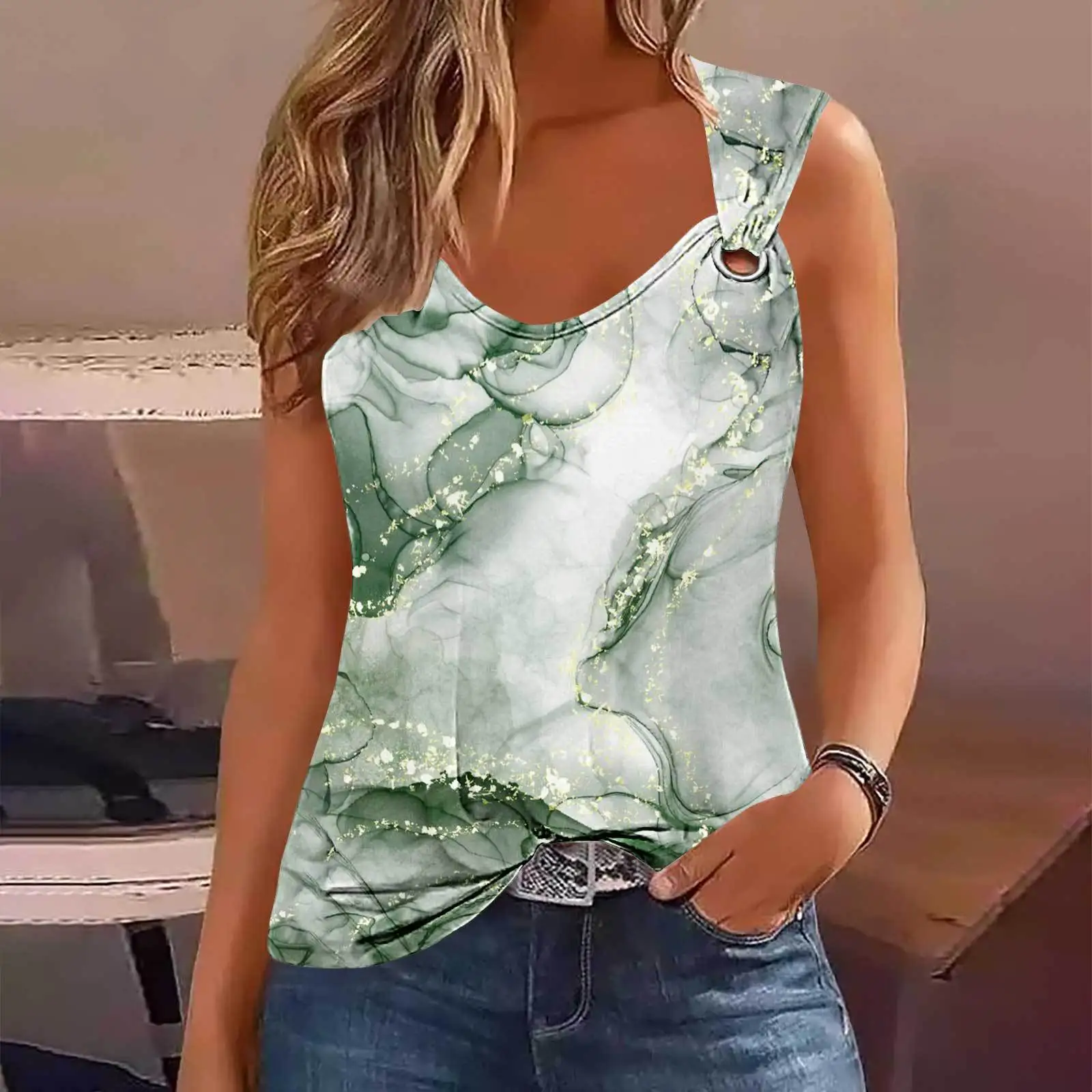 Women's Summer Fashion 3D Print Tshirt Casual marble Print T Shirts For Women 2024 Sleeveless Hollow Out T-shirt Tank Tops