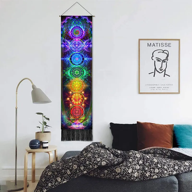 Seven Chakra Decorative Wall Hanging Tapestry Bohemia Tarot Phase Tassel Tapestry Boho Art Tapestries For Bedroom Office Decor