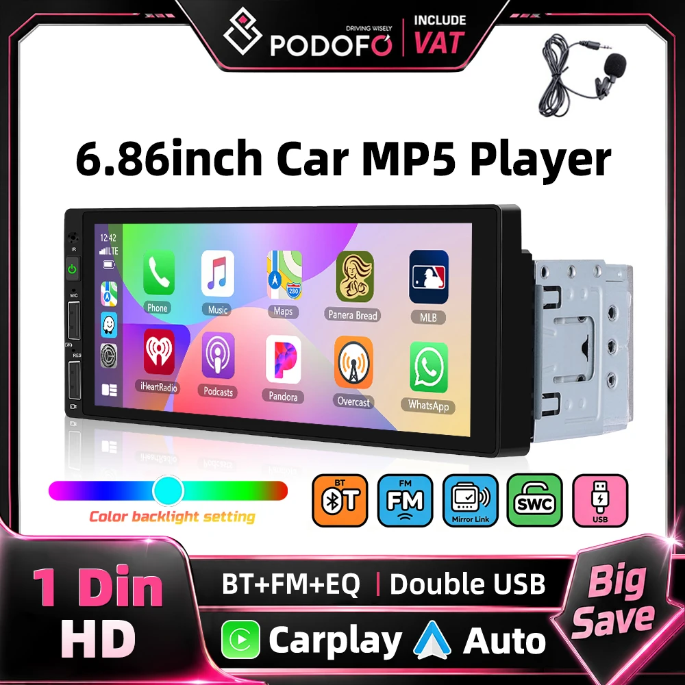 Podofo 6,86 Zoll 1DIN Auto-Multimedia-MP5-Player Kabelloses Carplay Android Auto HD 1280*480 Touchscreen Mirror Link EQ FM-Radio USB BT Auto-Stereoanlage MP5-Player Lenkradsteuerung Unterstützt TF/USB