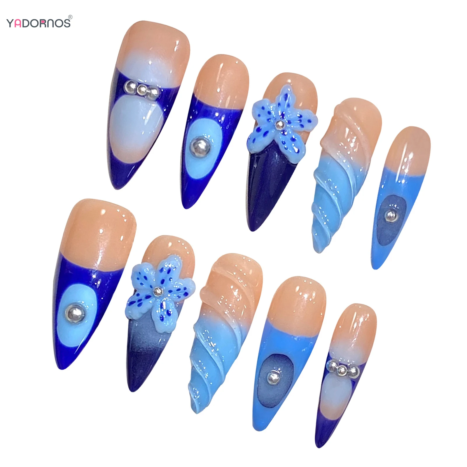 Unhas Postiças Longas Stiletto com Flor e Strass, Feitos À Mão, Tampa Completa, Azul, Pressione, Estilo Francês, Decoração, Verão, 10 Peças
