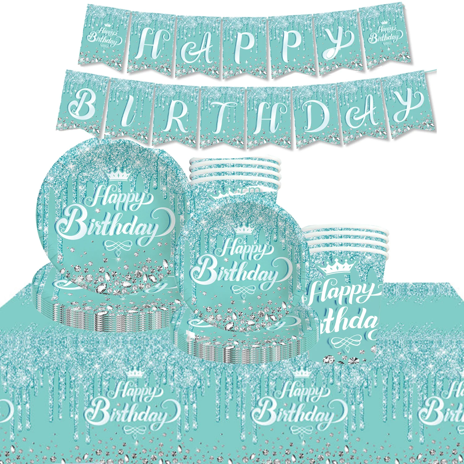 Teal and Silver Birthday Party Supplies Diamond Theme Birthday Party Decorations for Kid Girls Women Silver Glitter Party Suppli