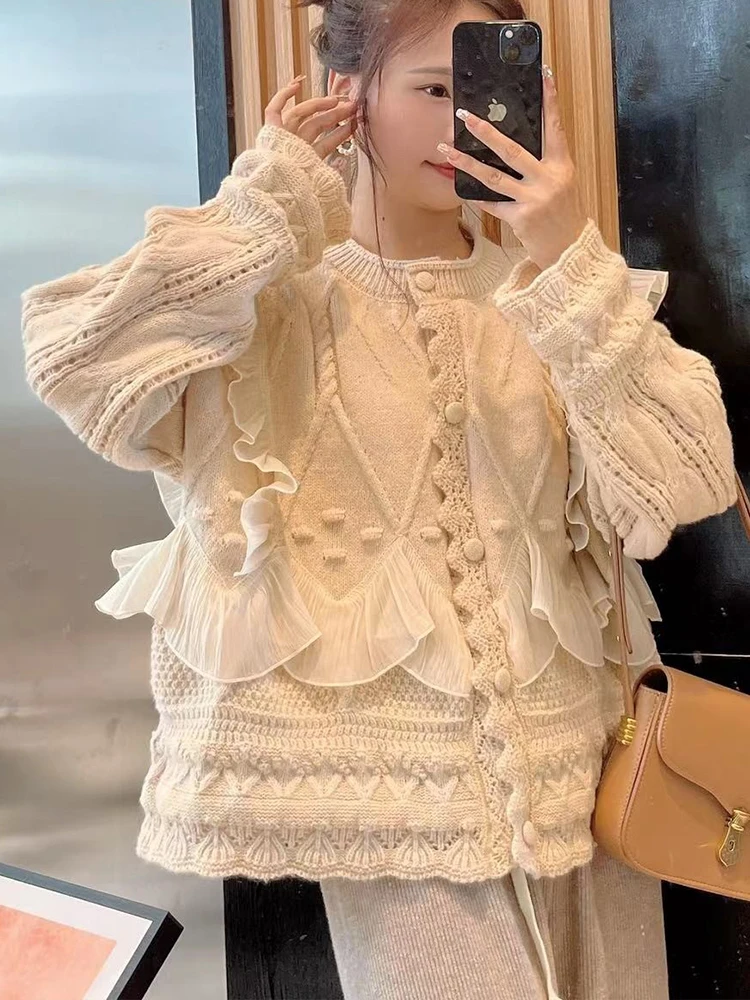 

Oversized Knitted Cardigan Women Autumn Winter Long Sleeve Casual Sweater Female Korean Fashion Lace Patchwork Ruffle Knitwear