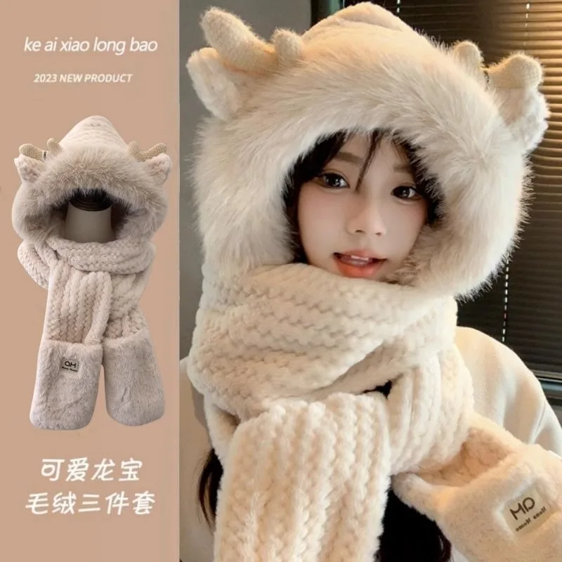 Cute winter furry warm ear protection three piece set, double-layer thick scarf, gloves, one-piece hat