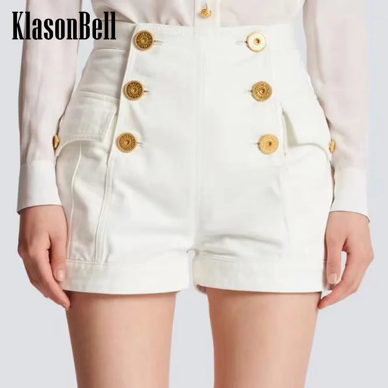 

7.7 KlasonBell Women's Fashion Versatile Gold Button High Waist White Denim Shorts Double Breasted Side Pocket Hot Girl Shorts