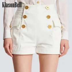 7.7 KlasonBell Women's Fashion Versatile Gold Button High Waist White Denim Shorts Double Breasted Side Pocket Hot Girl Shorts