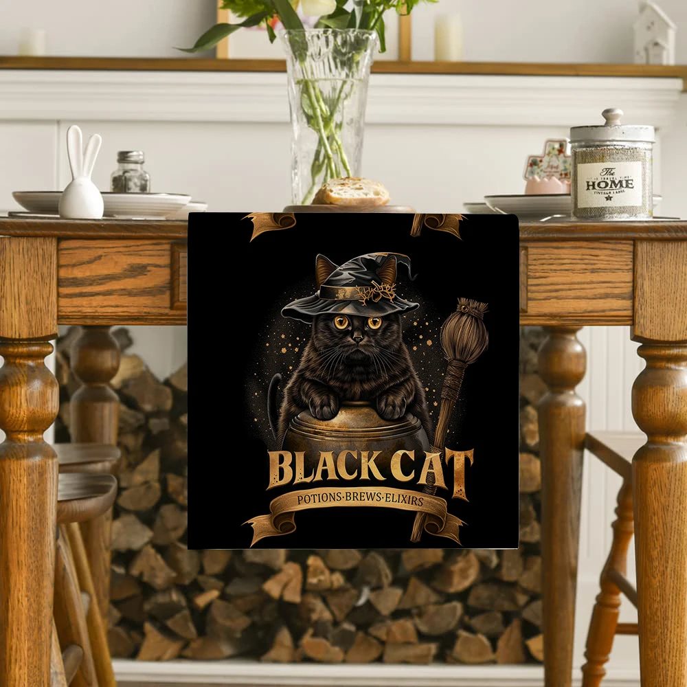 Halloween Black Cat Broom Jar Hat Table Runners Dresser Table Decor Farmhouse Dining Table Runner Holiday Party Decoration