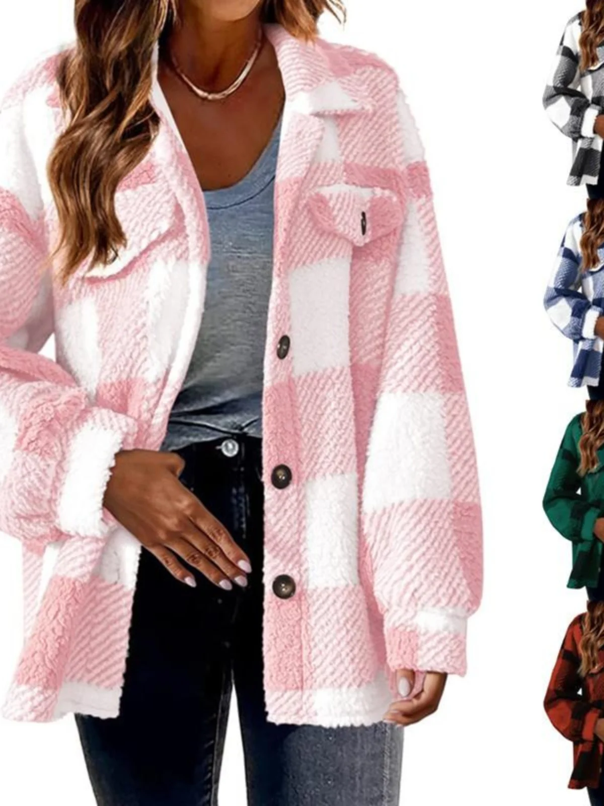 

Sli Plaid Lapel E Jaet Женская свободная пушистая верхняя одежда Весенняя одежда для поездок на работу Длинная застежка на пуговицы Ультра-короткая длина