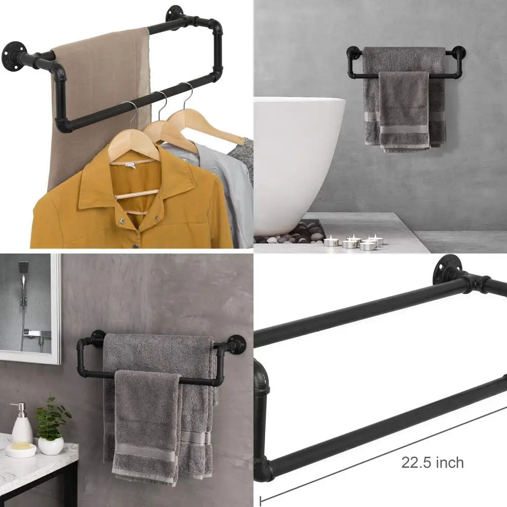 

Industrial Style Matte Black Double Towel Rack with Pipe Design, Wall-Mounted 2 Tier Bath Fixture