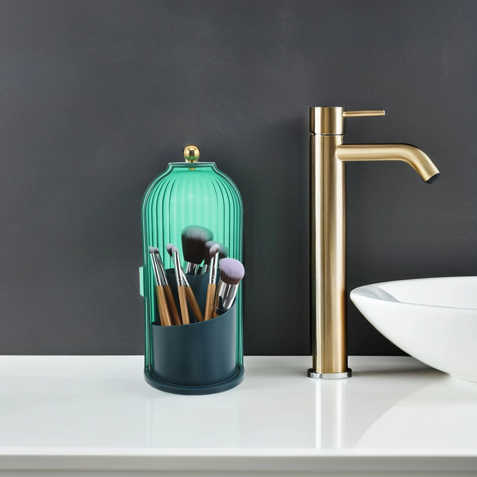 

360° Rotating Makeup Brush Holder Dustproof Transparent Storage Rack Vanity Bathroom Desk Green Brush Bucket