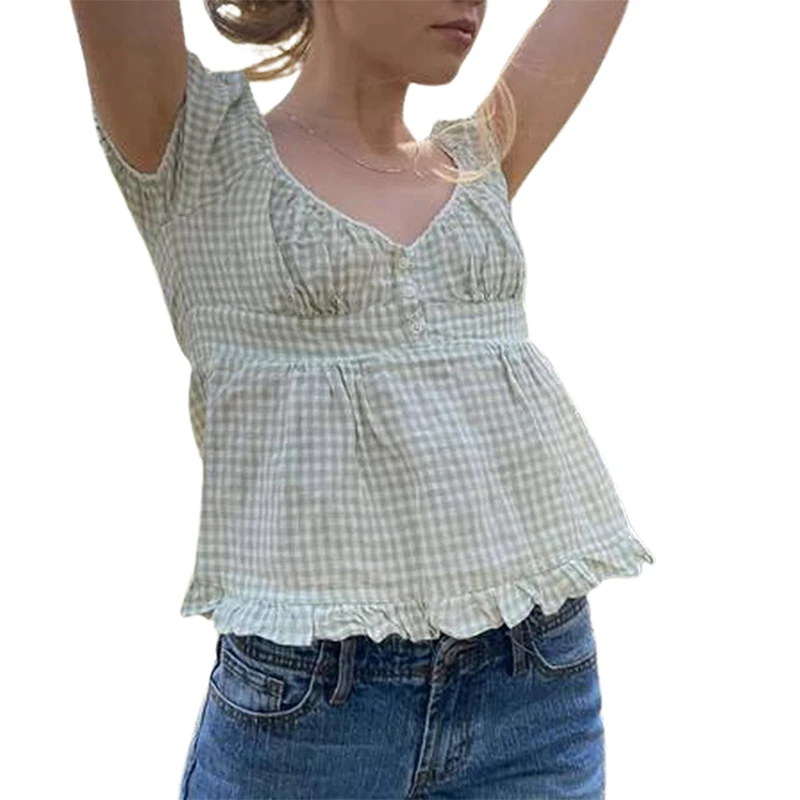 Women's Summer Short-sleeved T-shirt Solid Color/Check Low-necked Pleated Hem Casual Tops