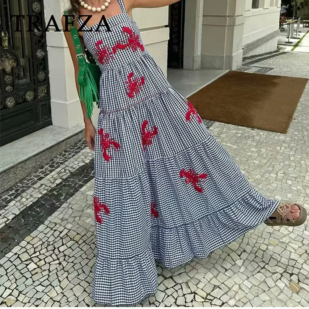 

TRAFZA Chic Flower Embroidery Women Dresses Fashion 2025 Summer Draped Camisole Dress Shirring Plaid Casual Streetwear Vestido