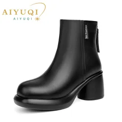AIYUQI Women Ankle Boots Genuine Leather 2026 New High Heel Women Dress Boots Retro Natural Wool Winter Boots Women