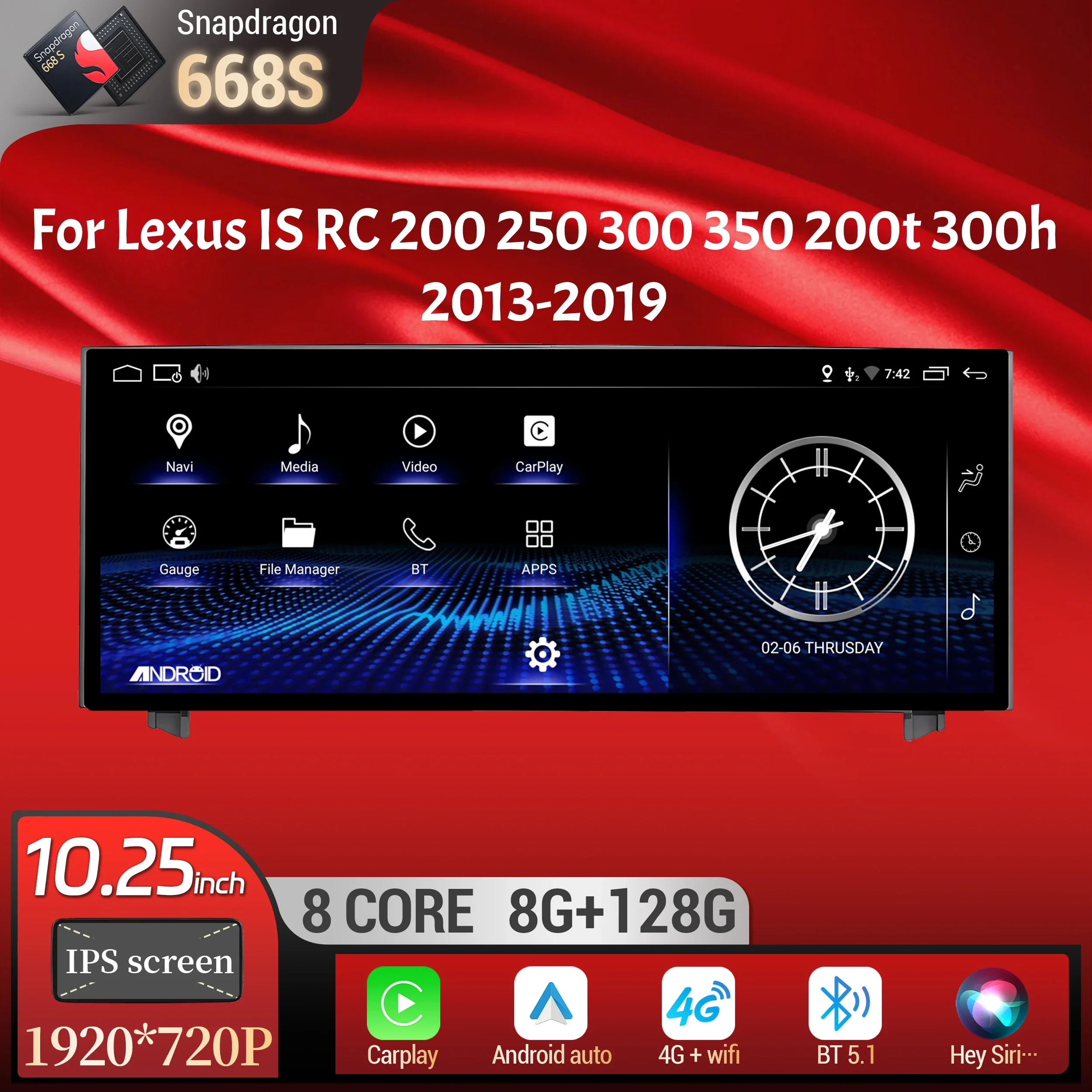 

10.25"Android 14 For Lexus IS RC 200 250 300 350 200t 300h 2013-2019 Car Radio Multimedia CarPlay Snapdragon 668S Touch Screen