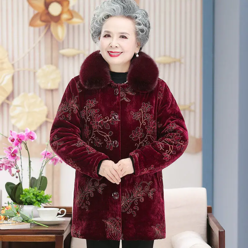 Grandma Wear Cotton-Padded Coat Middle-Aged Elderly Mother Winter Clothes Women Parkas Thick Warm Velvet Quilted Jacket Outwear