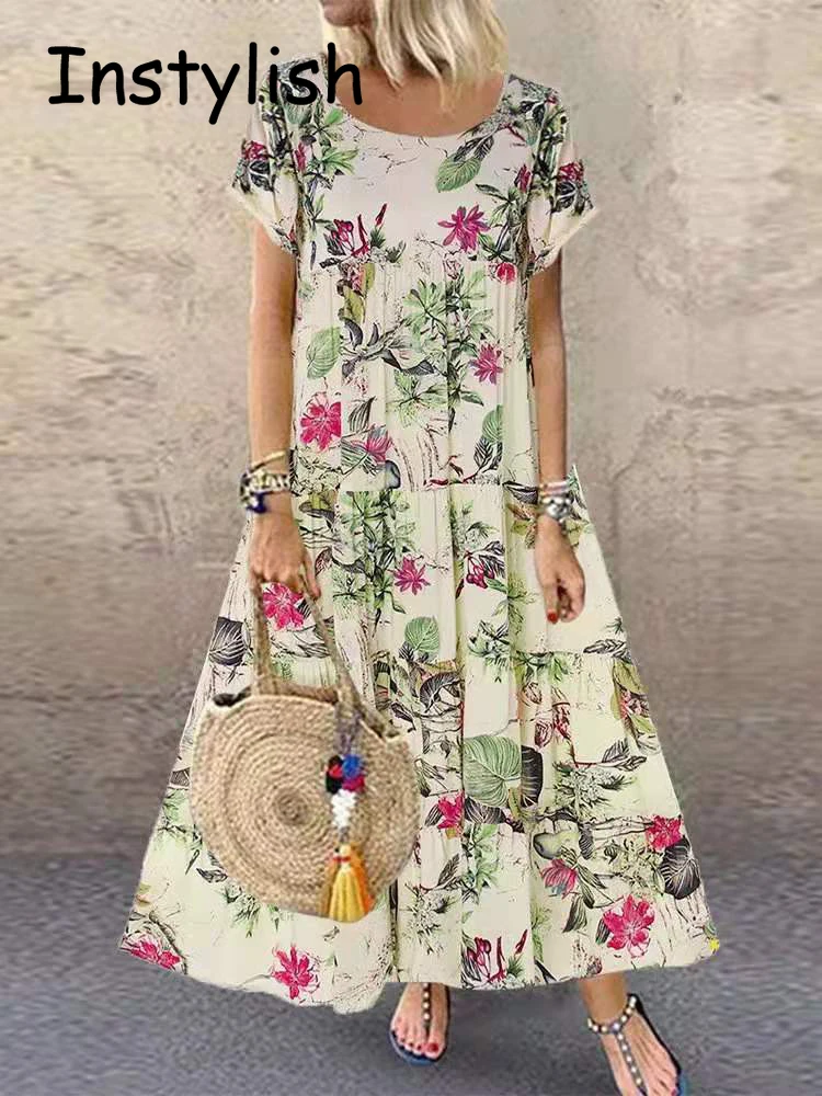 Robe maxi à manches courtes et col rond en coton et lin, imprimé floral bohème vintage, robe longue surdimensionnée, robe de soirée d\'été