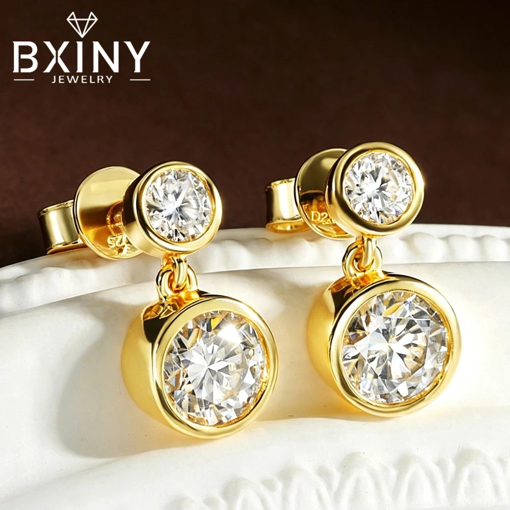 BXINY 2-Stone Bezel Set Moissanite Bubble Earrings Pure S925 Silver Certified Diamond Drop Earrings for Women Gifts Fine Jewelry
