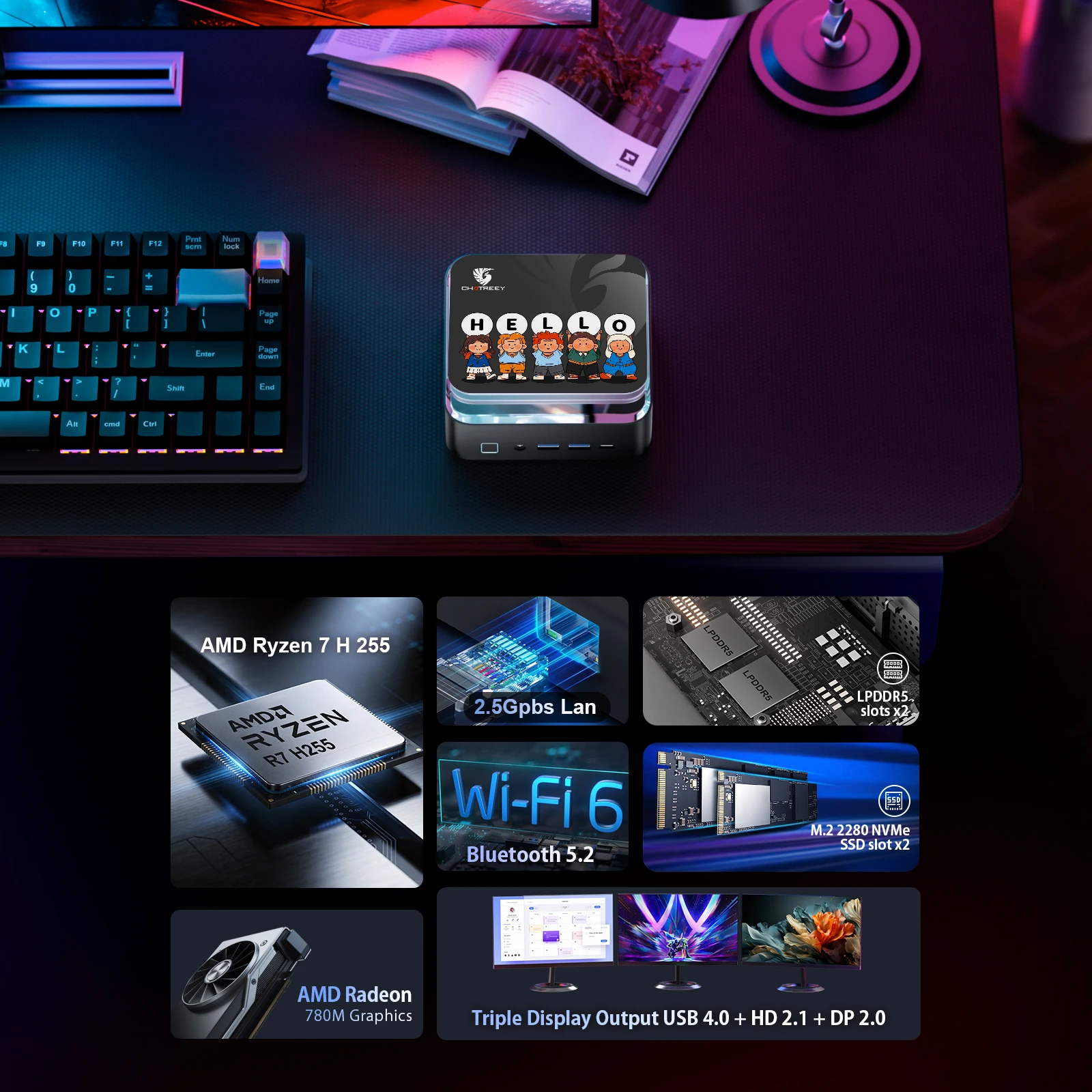 Chatreey AN3P Mini PC R7 H 255 Gaming Desktop Computer with WiFi 6/Bluetooth 5.2/HDMI/DP