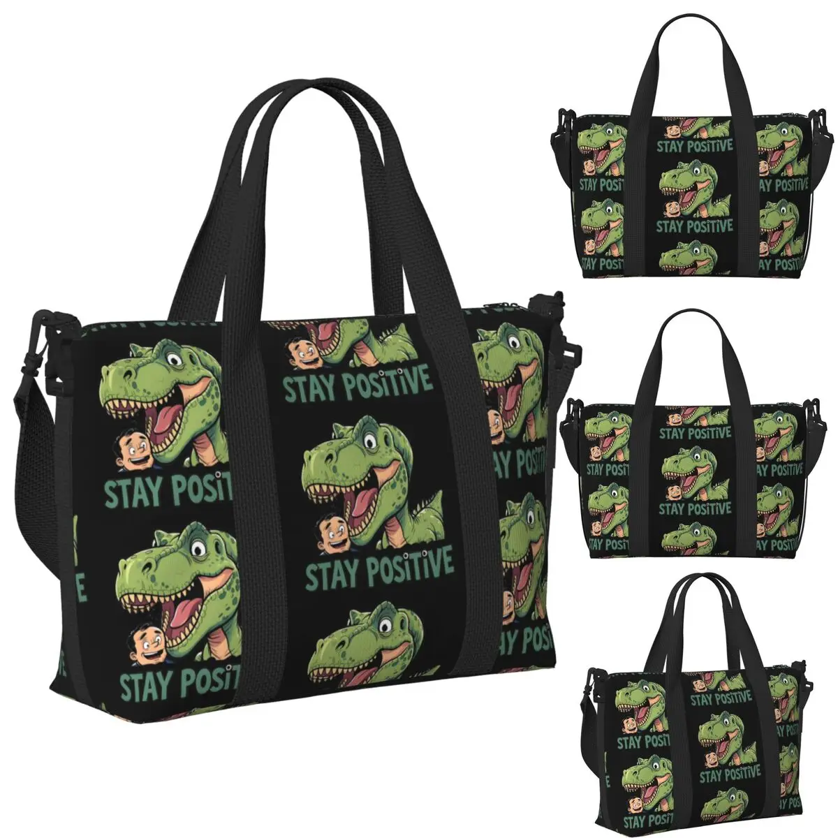 

Stay Positive Funny T-Rex Dinosaur Beach Travel Bag Large Capacity Tote Bags for Gym Sport Women Shopping Duffle Shoulder Bag