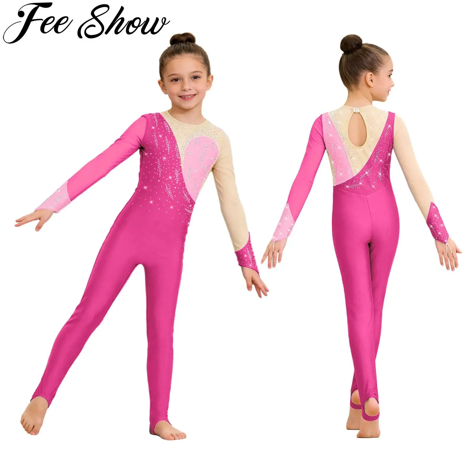 Maillot de Ballet y Gimnasia para Niñas, Brillante con Pedrería, Mangas Largas, con Estribo, Traje de Patinaje Artístico, Acrobacias