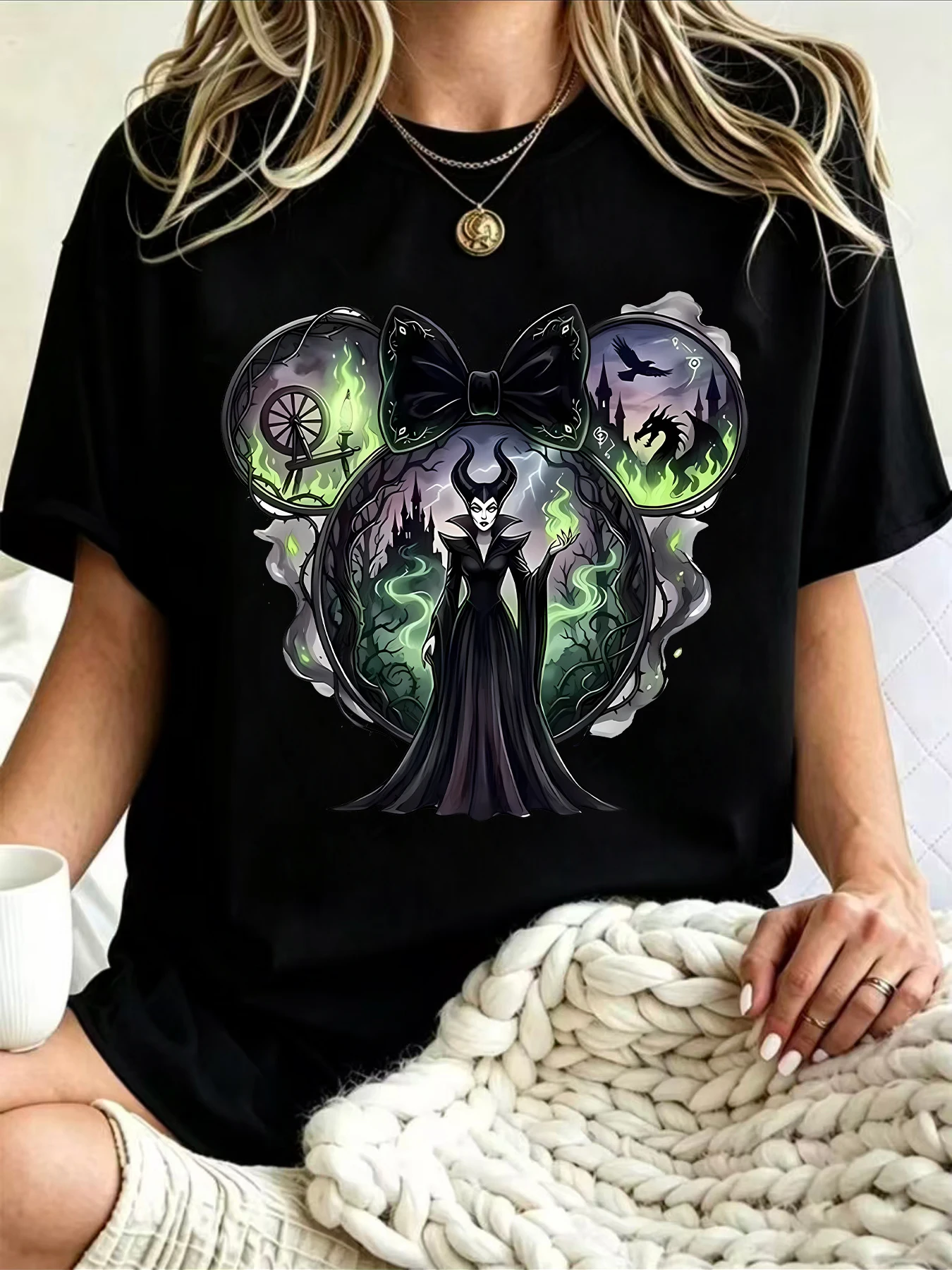 【WZM1754】Summer casual round neck plus size women's short sleeved T-shirt with dark witch print short sleeved streetwear trend