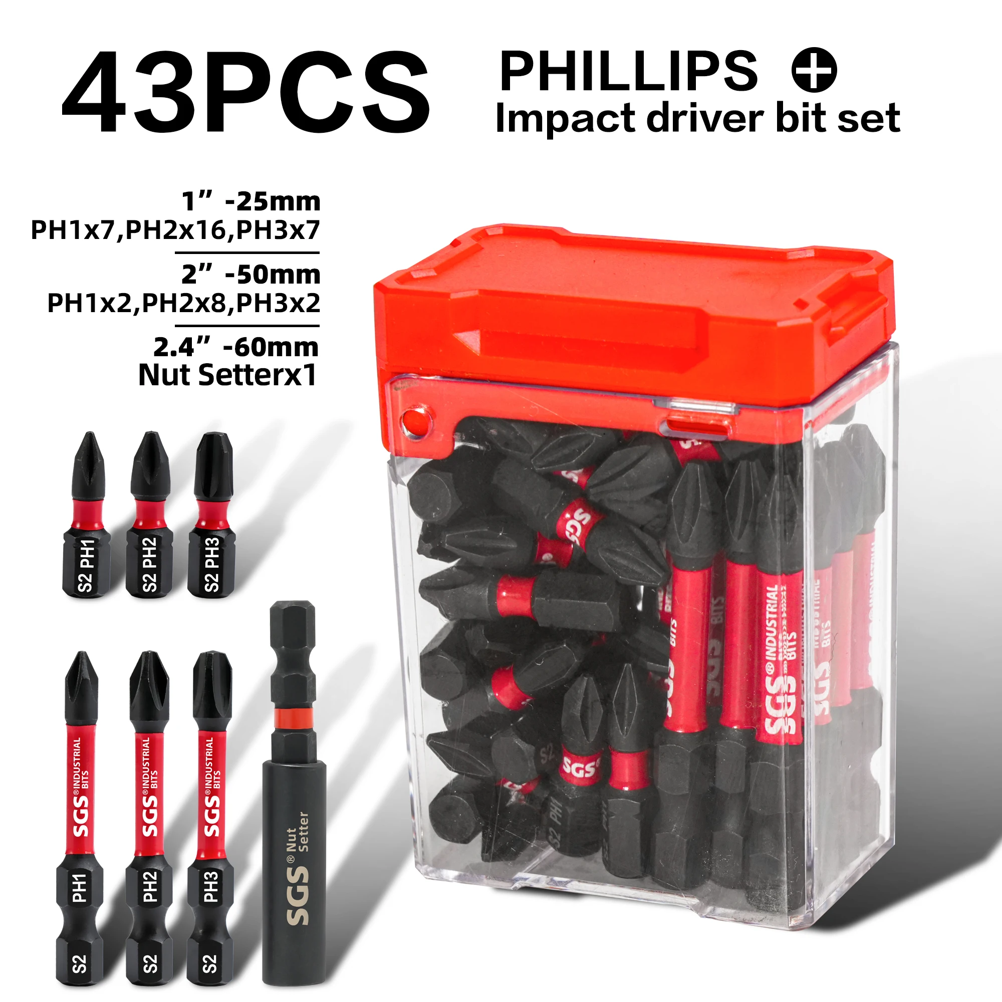 Titan-Aufprall! Superpraktisches 43-teiliges Ph2 Kreuzschlitz-Schlagschrauber-Bit-Set aus S2-Stahl, magnetisch, für Elektroschrauber, 25mm & 50mm lang und kurz kombiniert, mit Mutternsatz in Box