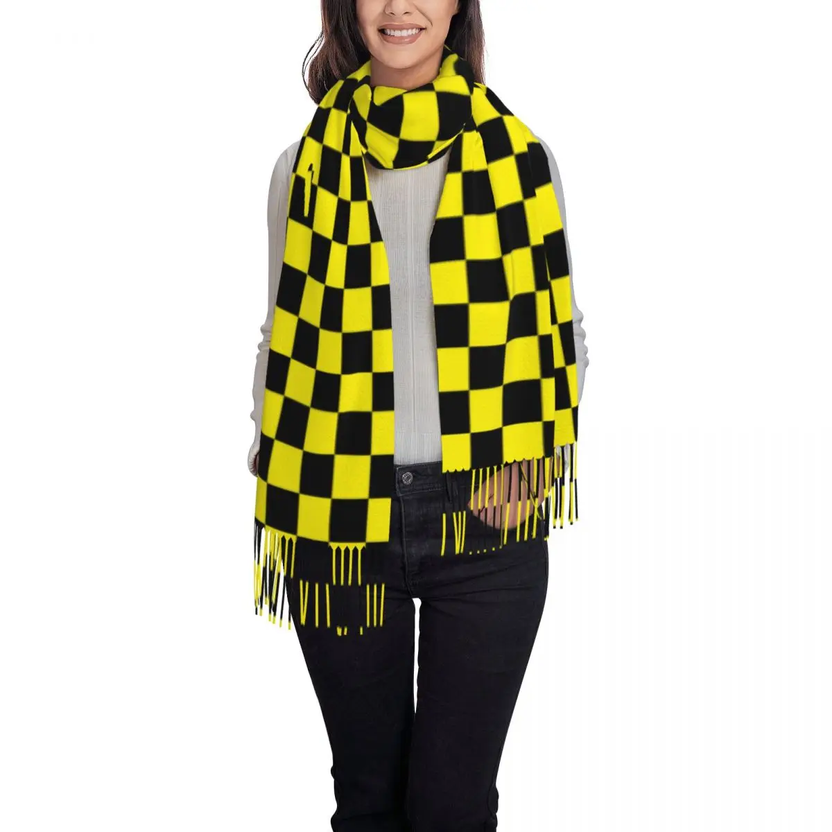 Custom Luxury Yellow Black Checkered Pattern Tassel Scarf Women Winter Warm Shawls Wraps Female Scarves