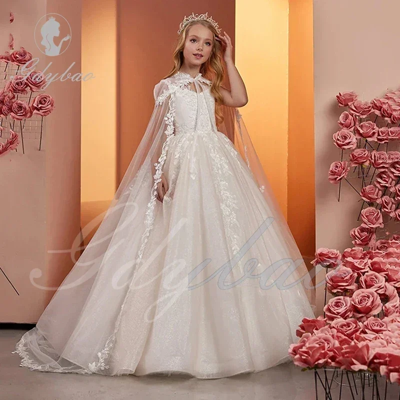 Lace Tulle Flower Girl Dress For Wedding Sleeveless with Cape Puffy Shining Elegant Princess First Communion Birthday Gowns