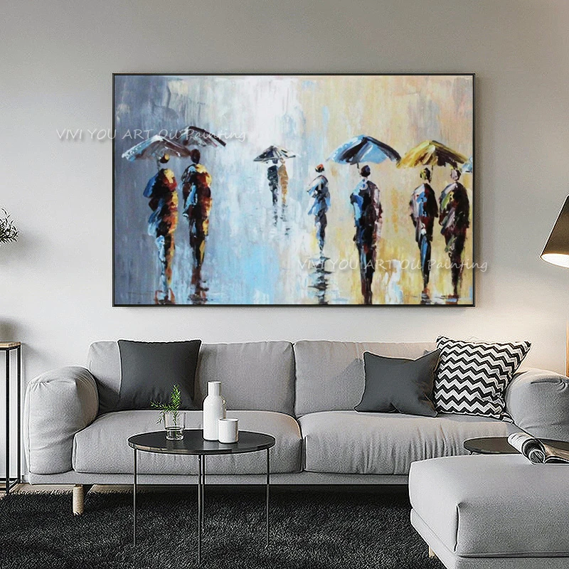 

100% Handmade Palette Knife Painting Abstract Paintings For Living Room Wall People In The Rain Wall Art Picture On Canvas