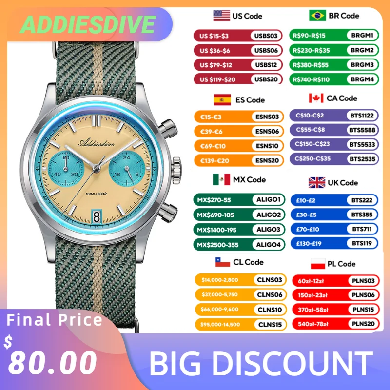 ADDIESDIVE 2025 NEUE Herrenuhr 60 Min. Chronograph Quarz-Armbanduhr, Blasenspiegelglas, leuchtende, wasserdichte Herrenuhren 38 mm