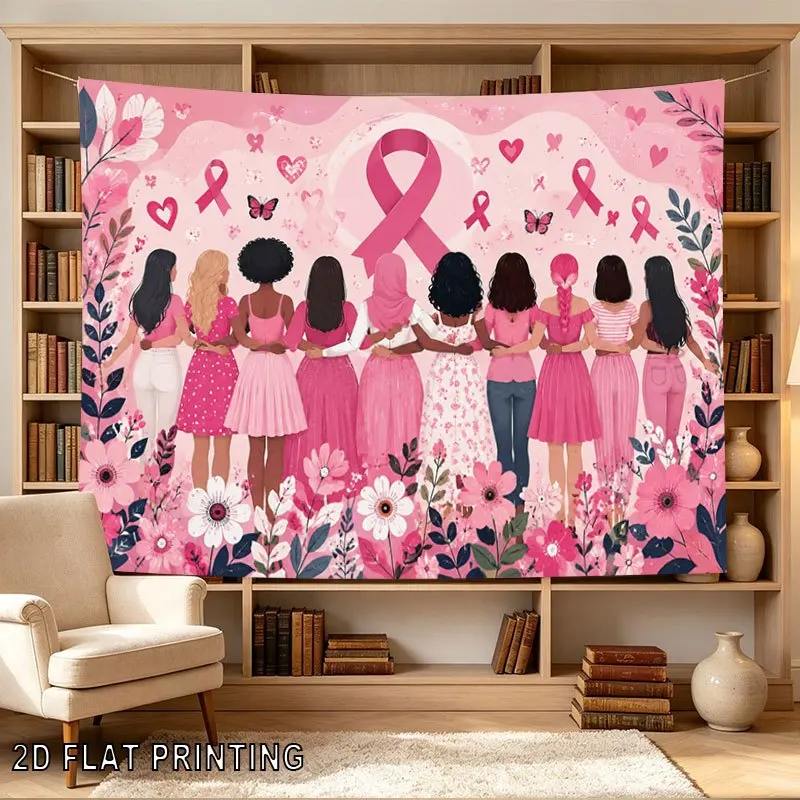 1pc Breast Cancer Awareness Pink Ribbon Women Unity 2D Flat Tapestry Backdrop For Hospital Decor Support Group Wall Hanging Art