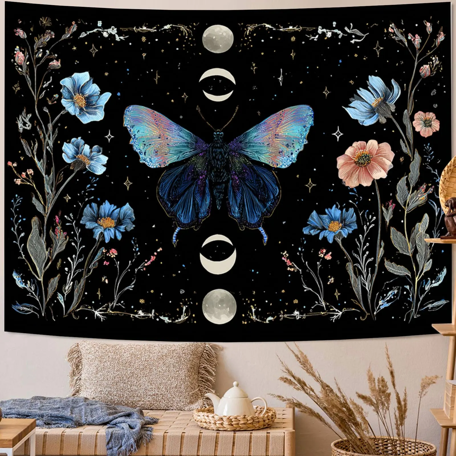 Mystic Celestial Butterfly Floral Tapestry Wall Hanging Boho Zodiac Moon Phases Cosmic Stars Art Print Bohemian Bedroom Decor