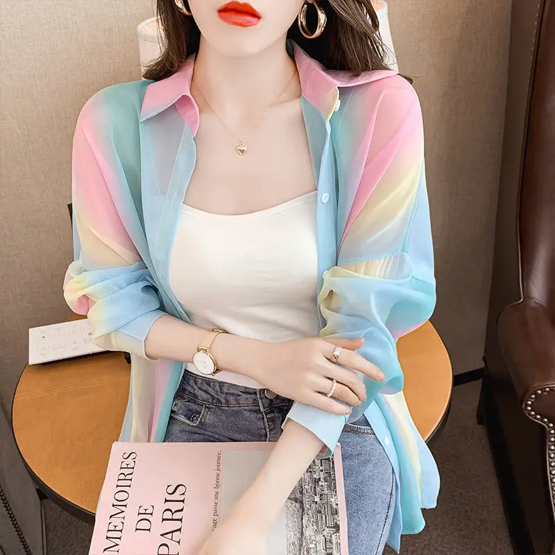 Summer New Thin Ice Silk Loose Trend Cardigan Long Sleeve Polo Neck All-match Youth Shirt Tops Fashion Casual Women Clothing