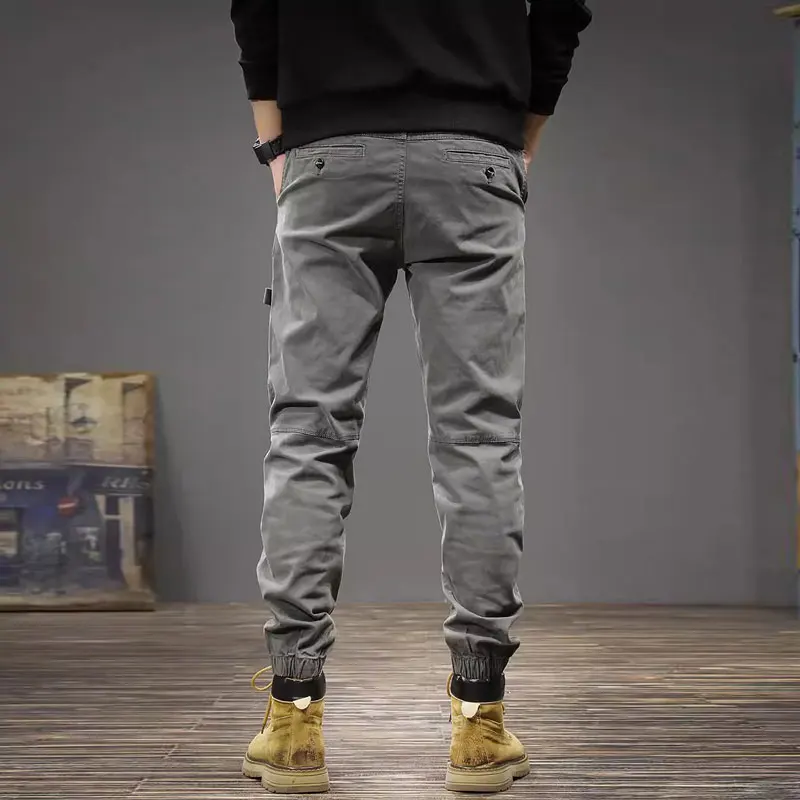 Street Fashion Men Jeans Gray Stretch Slim Fit Spliced Designer Casual Cargo Pants Hombre Multi Pockets Y2K Hip Hop Joggers Men