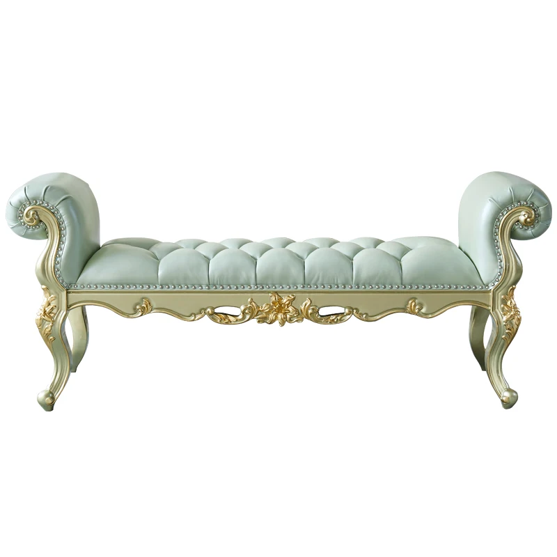

European leather bedside stool, American villa full solid wood carving flower drawing gold and silver shoe changing stool bench