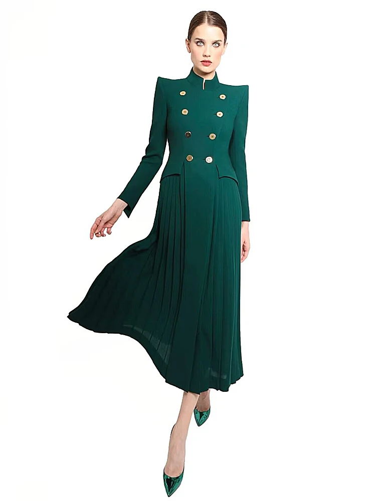 Coat Designer Sweet Women's Spring High Quality Fashion Party Green Slim Fit Pleated Casual Office Pretty Long Sleeve Overcoat