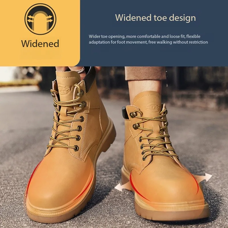 รองเท้าบูทนิรภัยสีเหลืองสำหรับผู้ชาย ป้องกันการเจาะทะลุ หัวเหล็ก รองเท้าผ้าใบหนังกันน้ำ รองเท้าทำงานป้องกันการกระแทกสำหรับผู้ชาย สำหรับกิจกรรมกลางแจ้ง