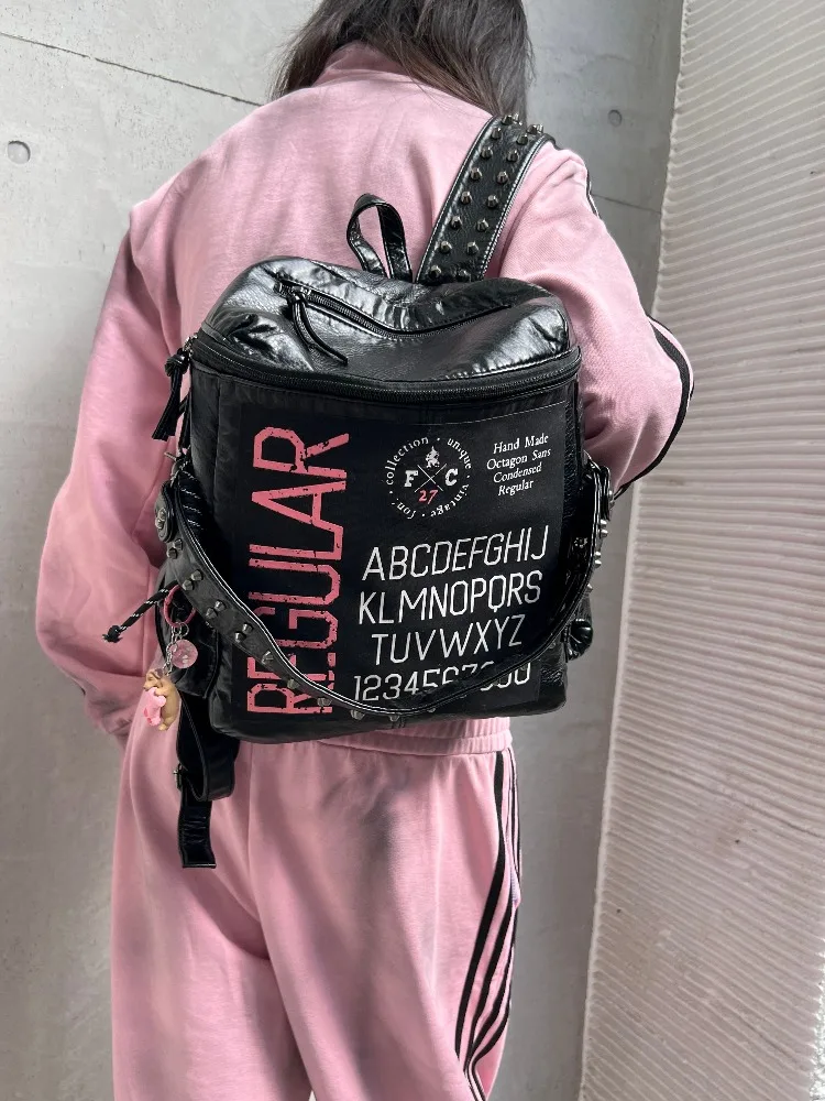 Original Handmade Dark Y2k Light Punk Street Rivet Backpack British Alphabet Print Schoolbag Handbags for Women
