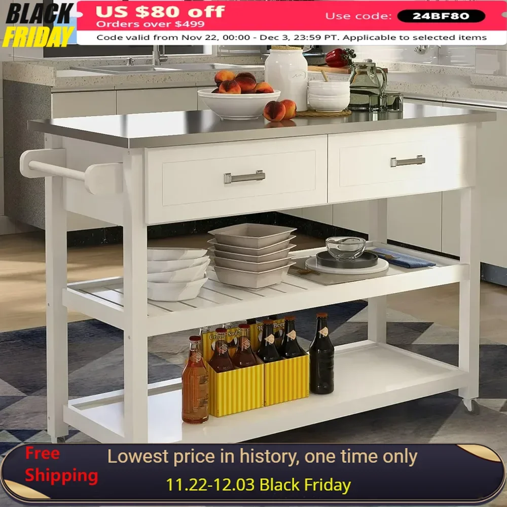 

Kitchen Island 47’’ Stainless Steel Top Rolling Utility Cart on Wheels with Drawers and Storage Shelves