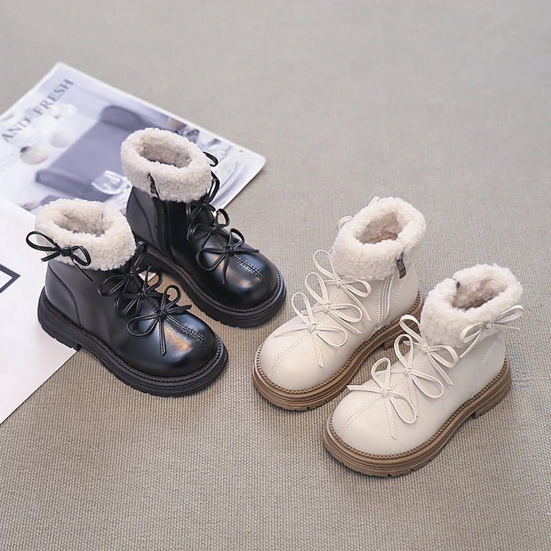 

Кожаные сапоги для девочек, зимние детские сапоги принцессы, простые банты, брендовые детские короткие сапоги 2025 года, детская обувь с круглым носком и боковой молнией