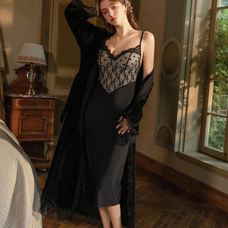 

Комплект из велюрового халата и ночного сорочки: сексуальное кружевное атласное белье для сна и отдыха, весна-осень, женский летний кимоно-халат, ночная рубашка, костюм